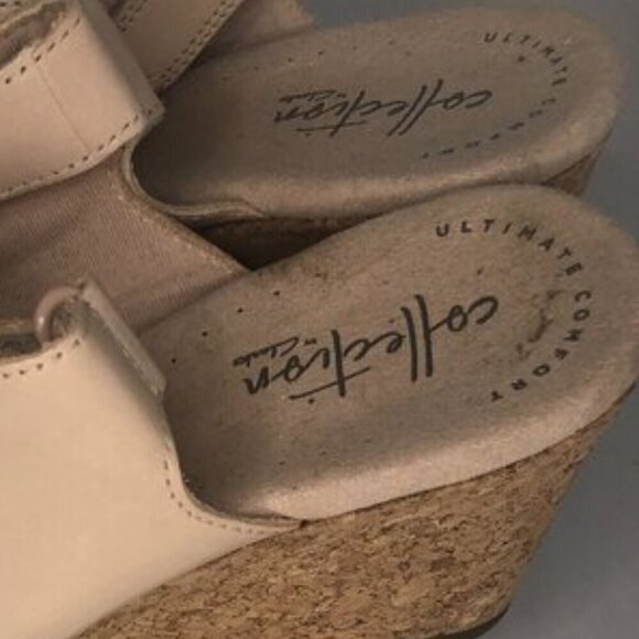 CLARKS Sandals Women's Size 7.5 Beige Cream Lafley Joy Leather Open Toe Wedge - Picture 11 of 12